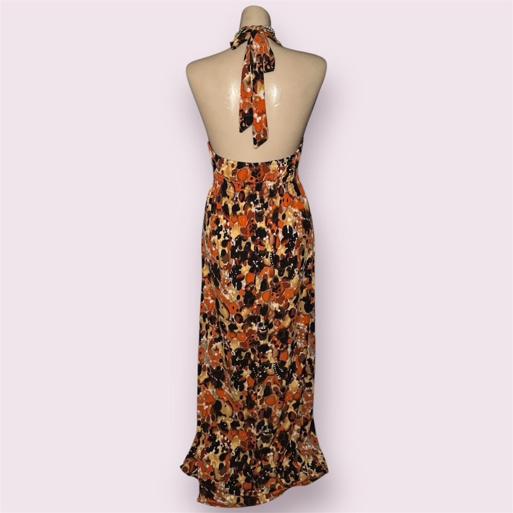 Vintage Halter Maxi Dress in Abstract Boho Chic Orange Yellow and Black Pattern - Picture 4 of 8